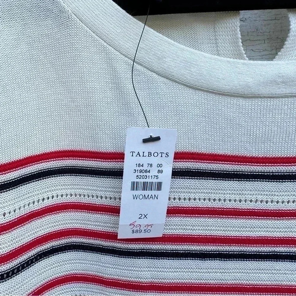 Talbots Pullover Sweater Red Black Cream Stripes Pointelle Size 2X - Picture 3 of 5